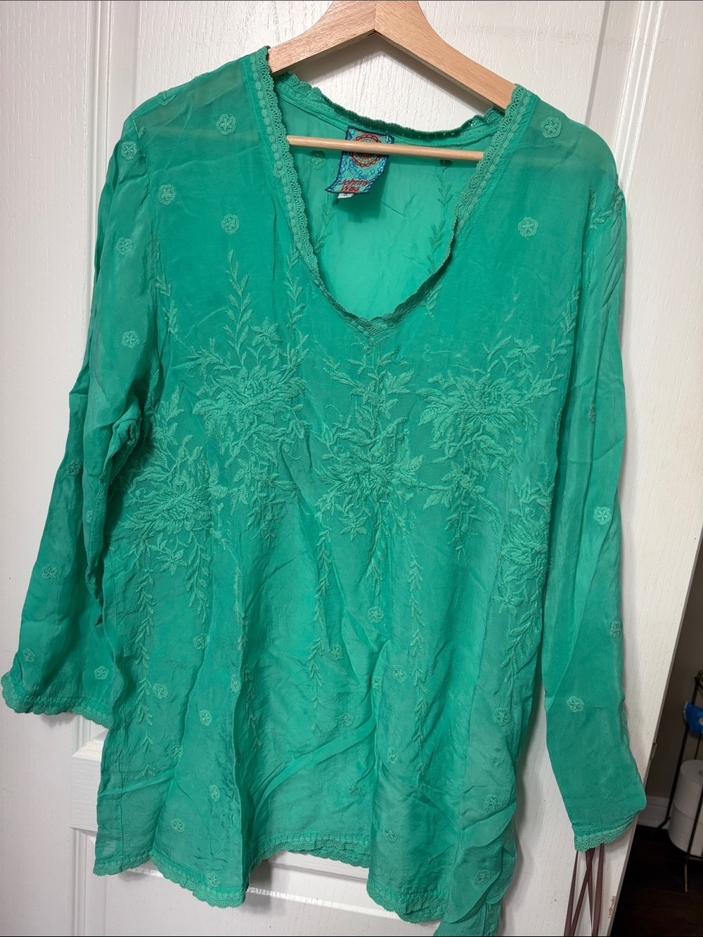 Johnny Was Teal Green Tunic with Floral Embroidery 1X